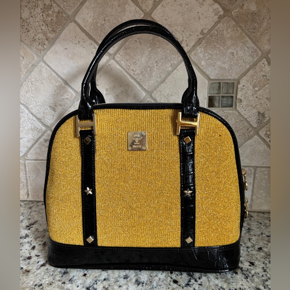 Vintage Mimi DiCarlo Gold Purse Retro Black Trim Luxury Designer